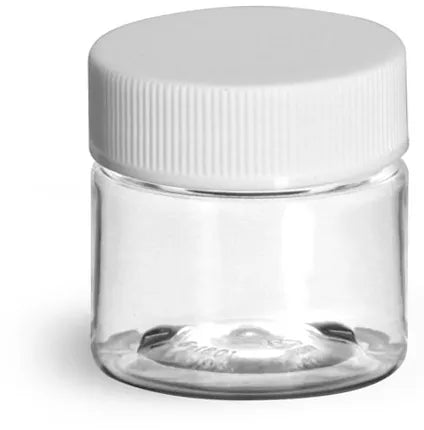 Clear Plastic Jars with White Ribbed Caps