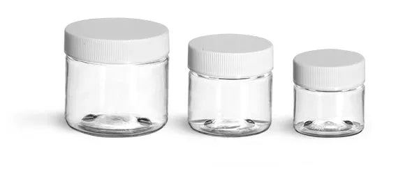 Clear Plastic Jars with White Ribbed Caps