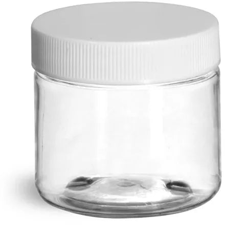 Clear Plastic Jars with White Ribbed Caps