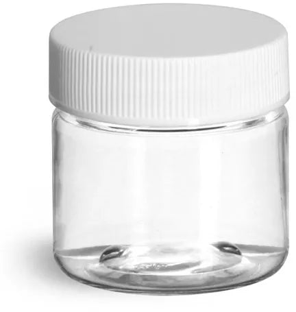 Clear Plastic Jars with White Ribbed Caps